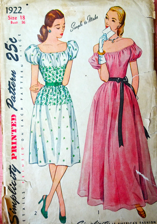 1940s FLIRTY Evening Gown or Day Dress Pattern SIMPLICITY 1922 Simple To Make, Flattering Off Shoulder Neckline Version, Bust 36 Vintage Sewing Pattern