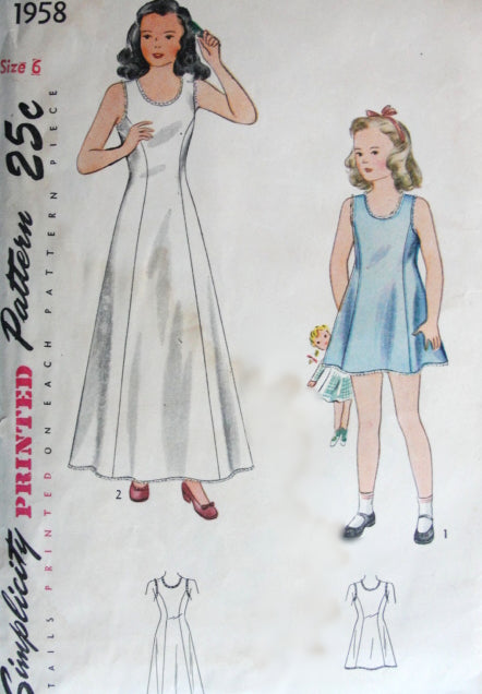 1940s Vintage PRETTY Childs Princess-Line Slip Simplicity 1958 Bust 24 Sewing Pattern