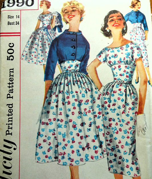 1950s LOVELY Slim or Full Skirt Empire Midriff Dress and Short Jacket Pattern SIMPLICITY 1990 Daytime or Party Bust 34 Vintage Sewing Pattern Factory Folded
