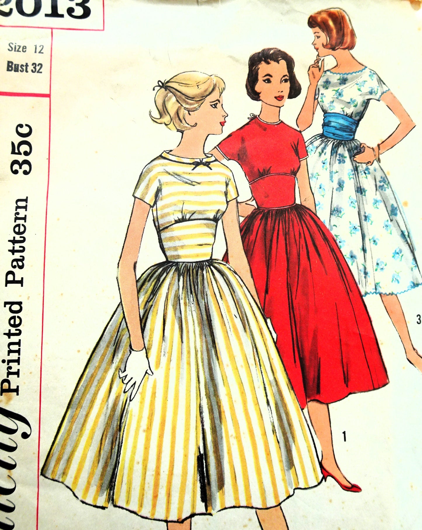LOVELY 1950s Midriff Dress Pattern SIMPLICITY 2013 Full Skirt Dress, 3 Necklines, Bust 32 Vintage Sewing Patterns