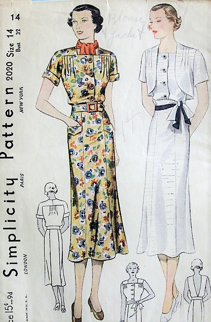 1930s STYLISH Dress and Bolero Jacket Pattern SIMPLICITY 2020 Closed Back or Low V Sun Back Dress Bust 32 Vintage Sewing Pattern FACTORY FOLDED