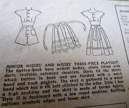 1940s FAB Playsuit Beachwear Pattern SIMPLICITY 2120 Cute Midriff Top, High Waist Shorts and Wrap Skirt Bust 32  Vintage Sewing Pattern