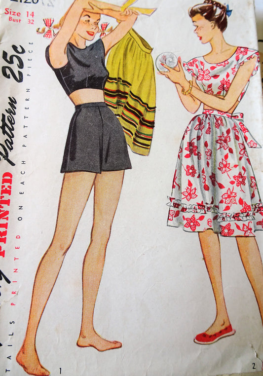 1940s FAB Playsuit Beachwear Pattern SIMPLICITY 2120 Cute Midriff Top, High Waist Shorts and Wrap Skirt Bust 32  Vintage Sewing Pattern