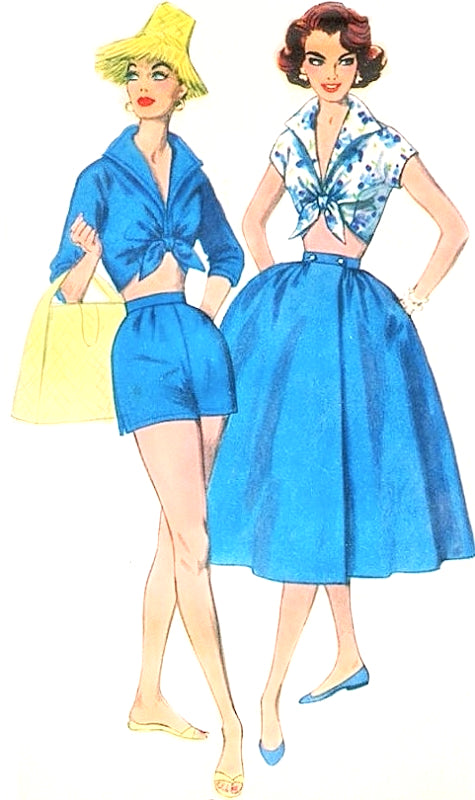 1950s ROCKABILLY Beach Resort Weekend Wear Pattern SIMPLICITY 2121 Wing Collar Midriff Crop Top, High Waist Shorts, Full Wrap Skirt Bust 36 Vintage Sewing Pattern