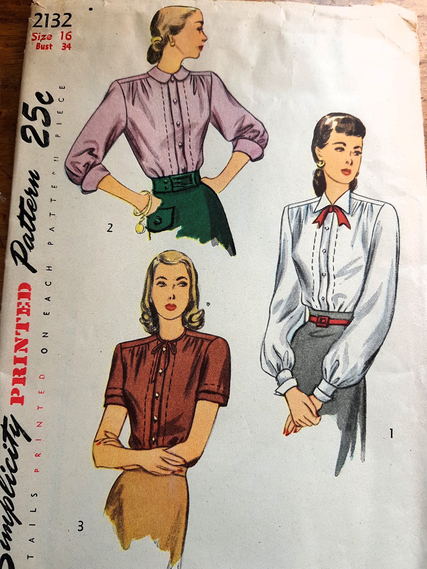 1940s CLASSIC Blouses 3 Styles Pattern SIMPLICITY 2132 Three Versatile Designs, Bust 34 Vintage Sewing Pattern FACTORY FOLDED