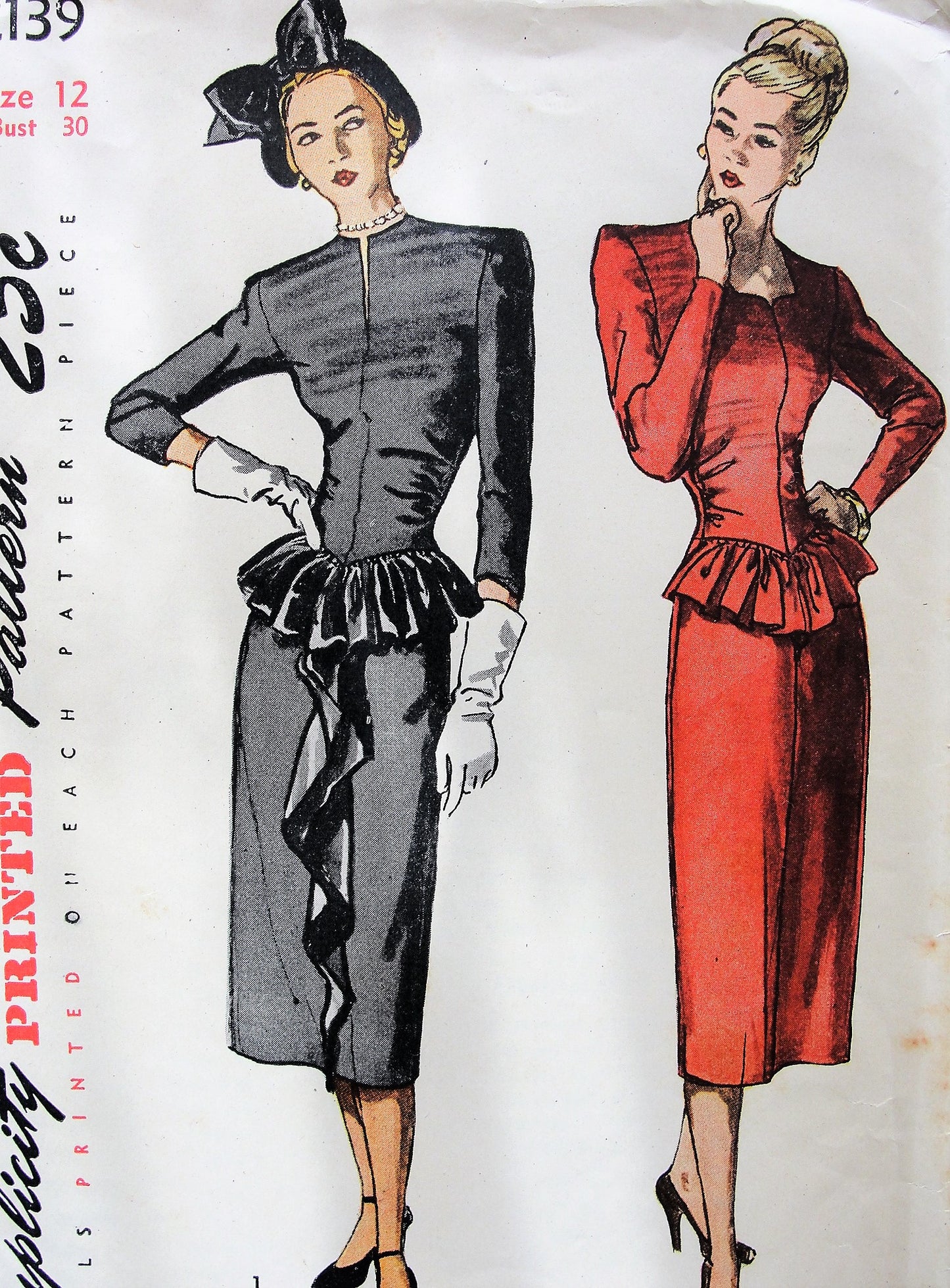 1940s GORGEOUS Film Noir Slim Dinner Party Dress Pattern SIMPLICITY 2139 Shirred Basque Waist, Peplum Flounce, Cascade Front Evening Cocktail Dress Bust 30 Vintage Sewing Pattern