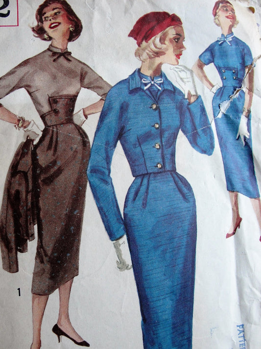 1950s Vintage SMART Fitted Dress with High Collar and Cropped Jacket Simplicity 2172 Sewing Pattern Bust 32