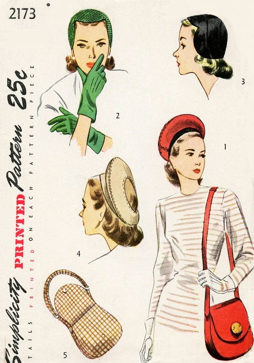 1940s Hats Bag Purse Gloves Pattern Simplicity 2173 Three Hat styles Shoulder Handbag 40s Accessory Vintage Sewing Pattern