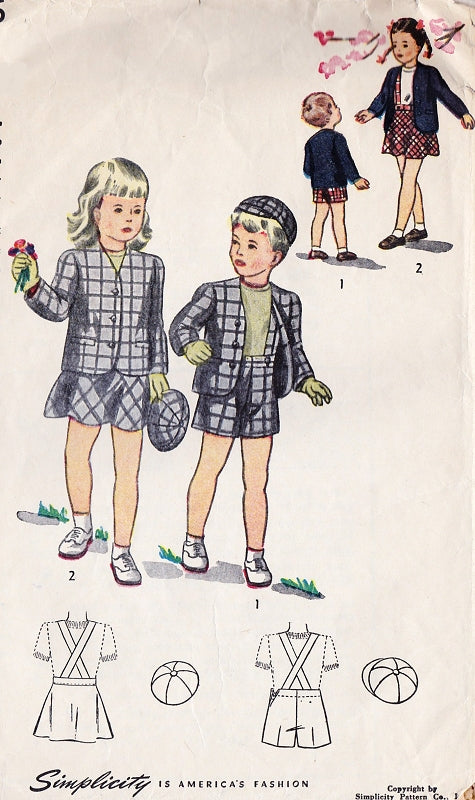 1940s ADORABLE Toddlers Little Boys Girls Brother and Sister Suit and Hat Pattern SIMPLICITY 2206 Sweet Childrens Size 3 Vintage Sewing Pattern