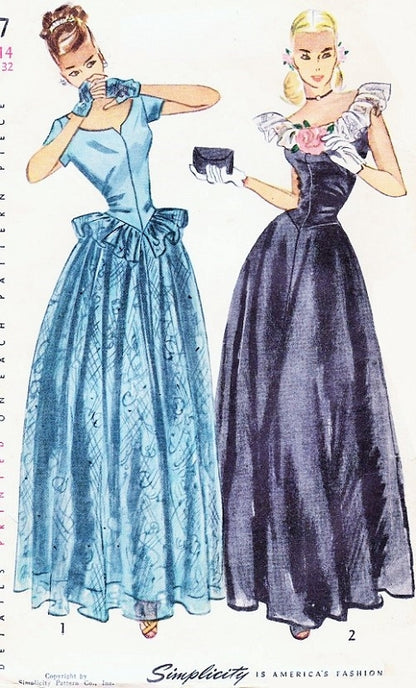1940s Dreamy Evening Gown Pattern Simplicity 2227 Lovely Lace Overskirt Peplum Option and Fingerless Gloves Flattering Design Bust 31 Vintage Sewing Pattern FACTORY FOLDED