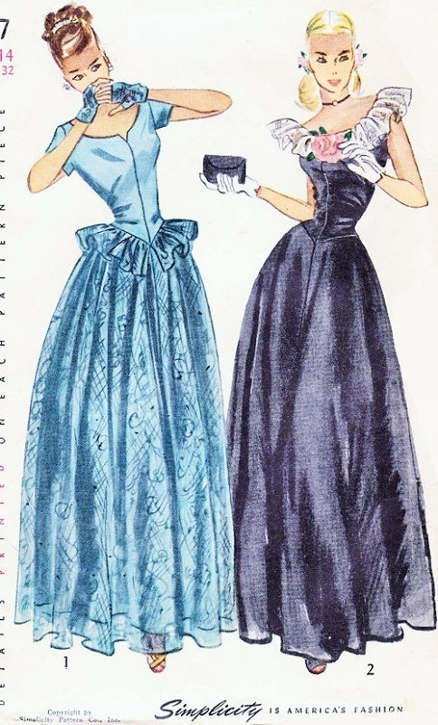 1940s BEAUTIFUL Evening Gown Pattern Simplicity 2227 Lovely Lace Overskirt Peplum Option and Fingerless Gloves Flattering Design Bust 30 Vintage Sewing Pattern