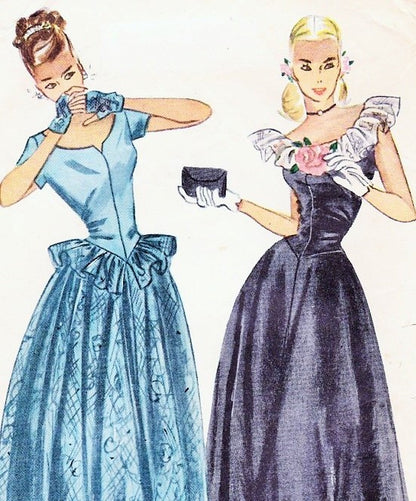 1940s BEAUTIFUL Evening Gown Pattern Simplicity 2227 Lovely Lace Overskirt Peplum Option and Fingerless Gloves Flattering Design Bust 30 Vintage Sewing Pattern