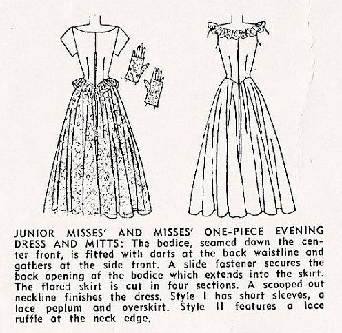1940s BEAUTIFUL Evening Gown Pattern Simplicity 2227 Lovely Lace Overskirt Peplum Option and Fingerless Gloves Flattering Design Bust 30 Vintage Sewing Pattern