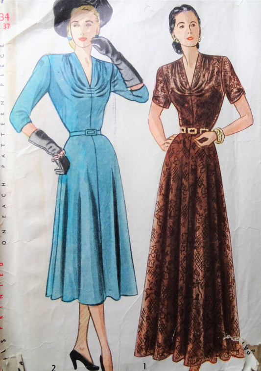 1940s BEAUTIFUL Day Dress or Evening Gown Pattern SIMPLICITY 2247 Figure Flattery Design Bust 34 Vintage Sewing Pattern