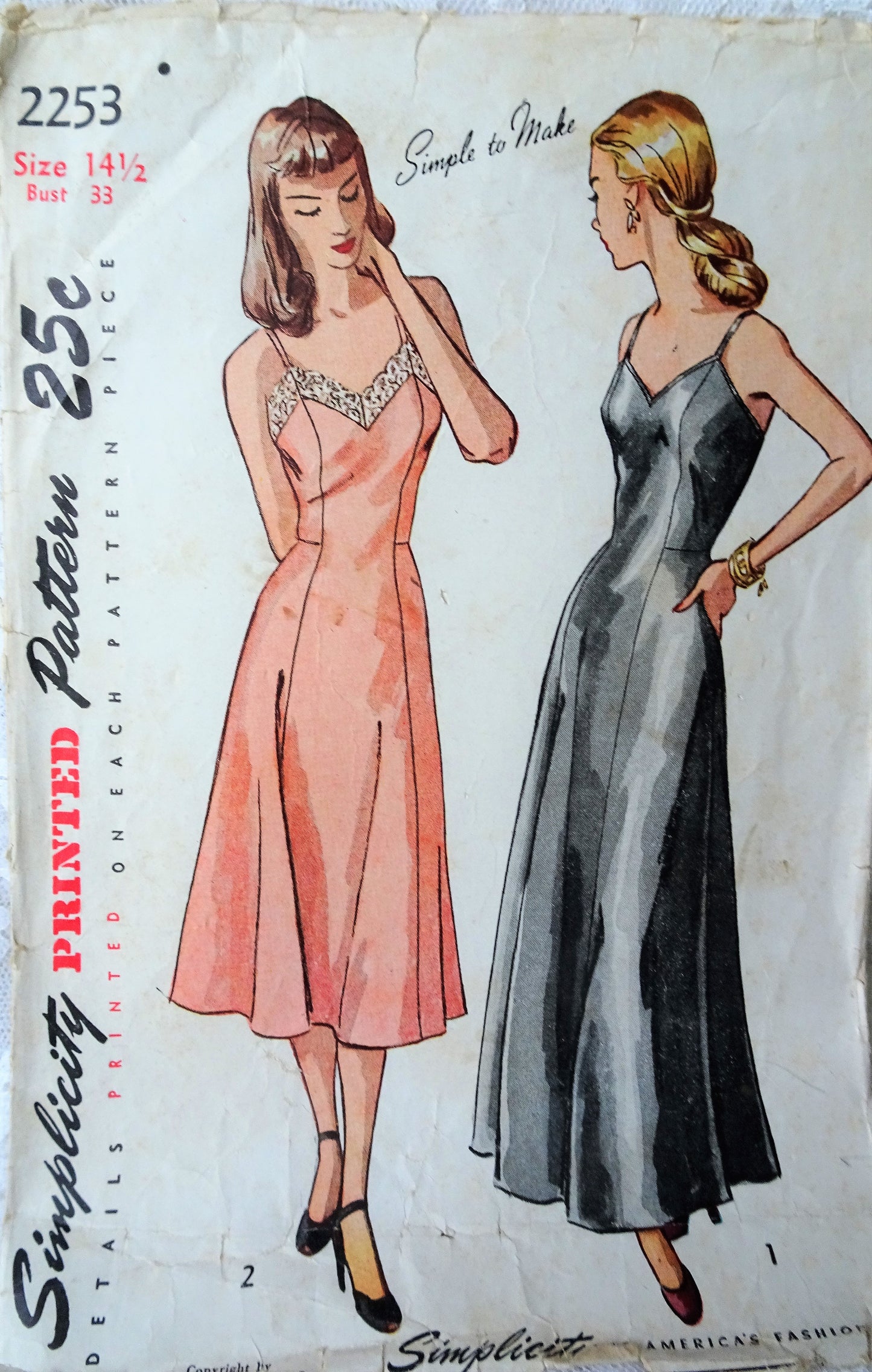 1940s LOVELY Day or Evening Slip Pattern SIMPLICITY 2253 Two Lengths, Bust 33 Vintage Sewing Pattern