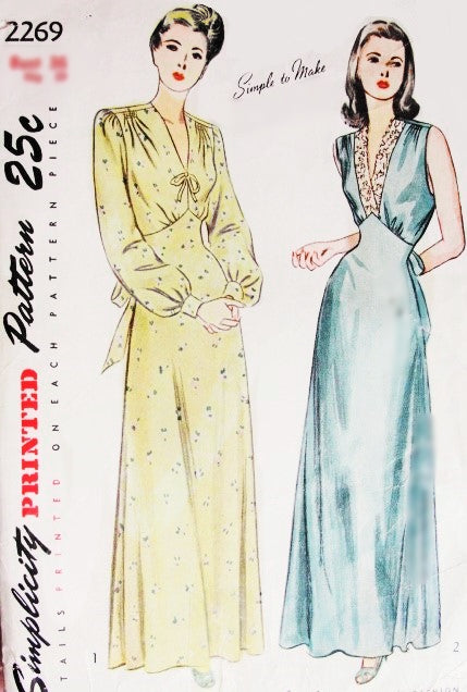 1940s SLINKY Nightgown Lingerie Pattern SIMPLICITY 2269 Two Film Noir Pin Up Styles Figure Flattering V Necklines Bust 38 Vintage Sewing Pattern