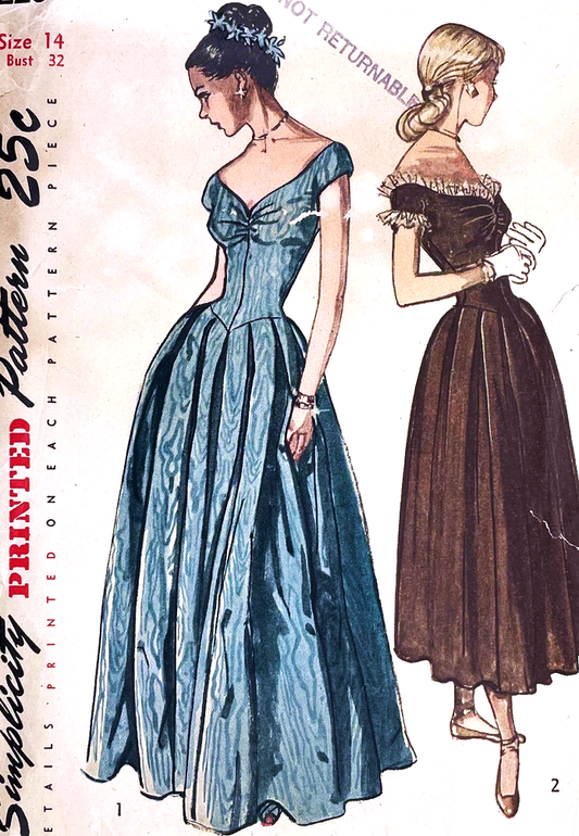 1940s BEAUTIFUL Evening Gown Party Dress Pattern SIMPLICITY 2283 Two Lengths and Versions, Low Neckline, Basque Waist , Bust 32 Vintage Sewing Pattern FACTORY FOLDED