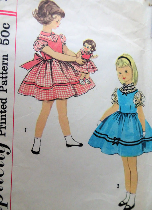 1950s CUTE Little Girls Dress Pattern SIMPLICITY 2289 Girls Dress With Matching Dolls Dress For Littlest Angel and Lil' Susan Dolls Vintage Sewing Pattern