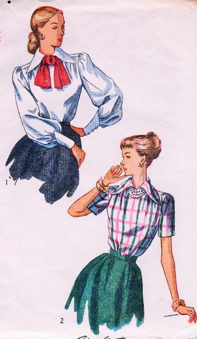 1940s BEAUTIFUL Blouse Pattern SIMPLICITY 2306 Two Style Versions Romantic Full Sleeves Bust 34 Vintage Sewing Pattern