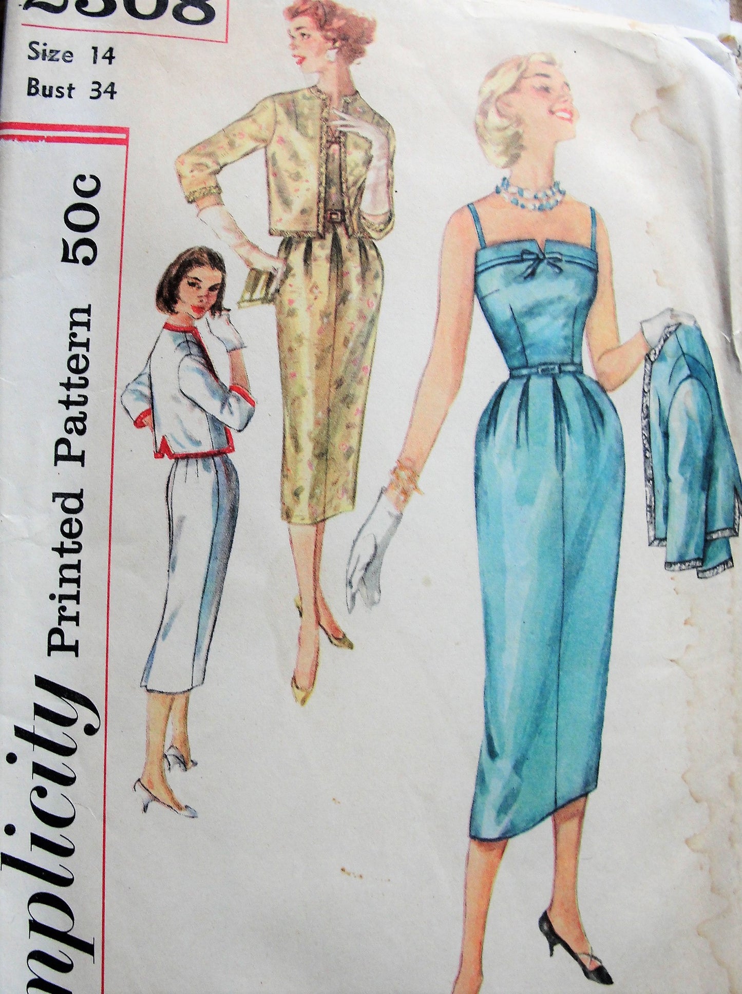1950s SOPHISTICATED Party Evening Sheath Dress with Jacket SIMPLICITY 2308  Beautiful Design Bust 34 Vintage Sewing Pattern