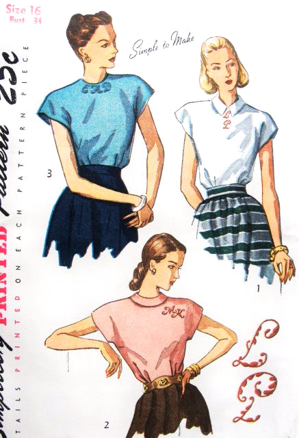 1940s Pretty Blouse Pattern SIMPLICITY 2311 With Monogram Alphabet Transfer Back Button Blouse Bust 34 Vintage Sewing Pattern FACTORY FOLDED