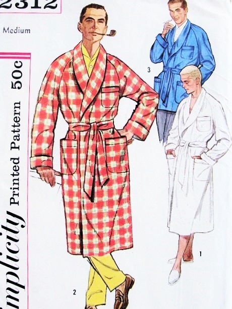 1950s Hugh Hefner Style Robe or Lounge Jacket Pattern SIMPLICITY 2312 Size Medium or X Large Bathrobe in 3 Style Versions Vintage Sewing Pattern