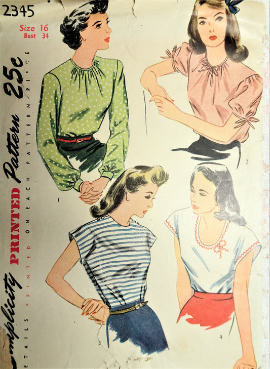 1940s SWING ERA Blouse Pattern SIMPLICITY 2345 Four Pretty Sleeve Trim and Neckline Variations Bust 34 Vintage Sewing Pattern