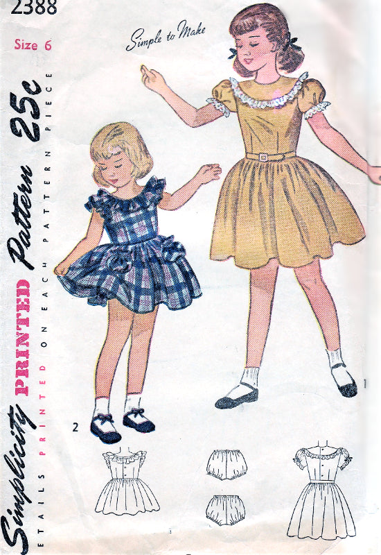 1940s CUTE Little Girls Dress Pattern SIMPLICITY 2388 Simple To Make Dress in 2 Versions, and Panties Childrens Vintage Sewing Pattern