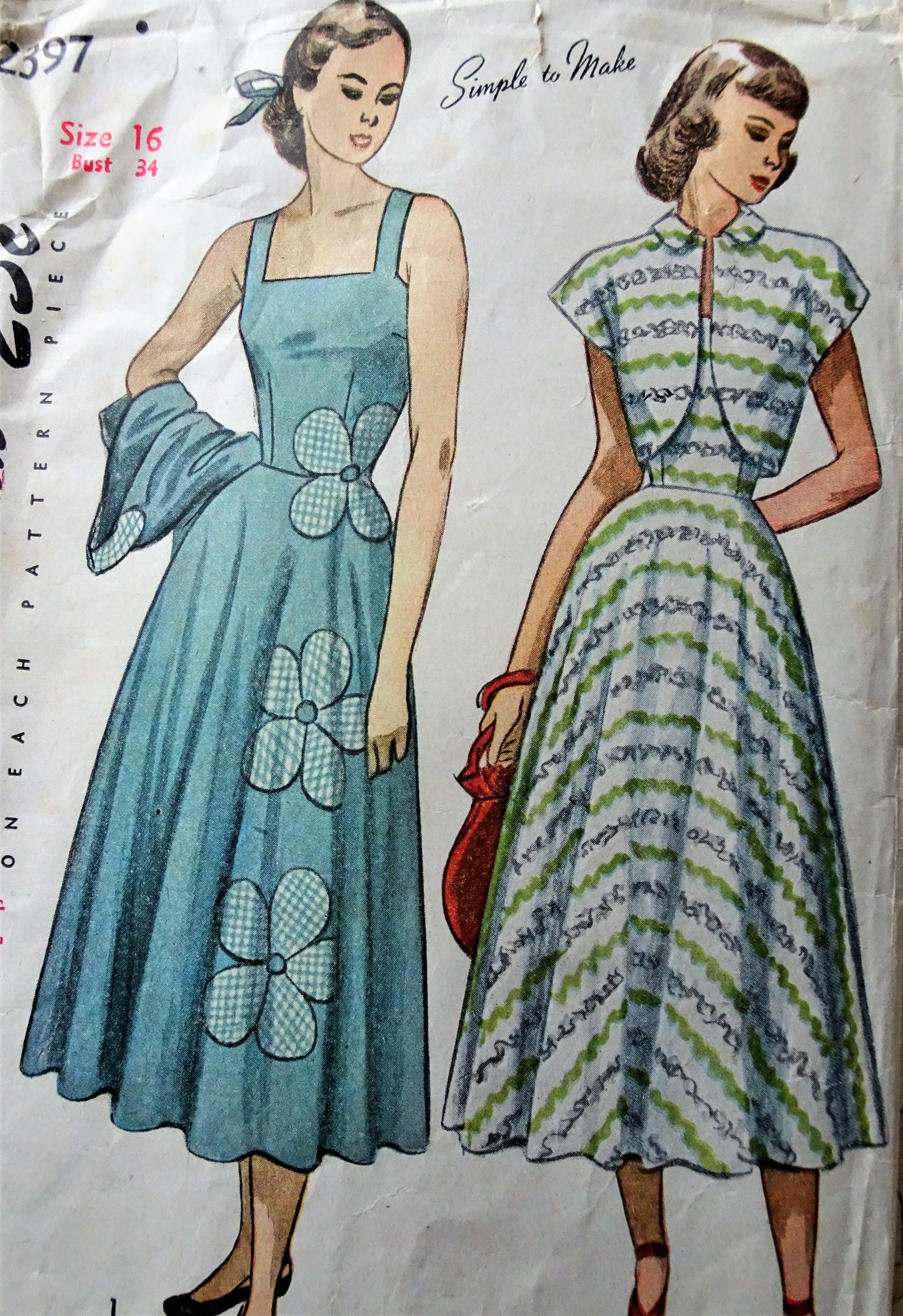 1940s LOVELY Sun Dress and Bolero Jacket Pattern SIMPLICITY 2397 Beautiful Design, Includes Applique Transfer, Bust 34 Simple To Make Vintage Sewing Pattern