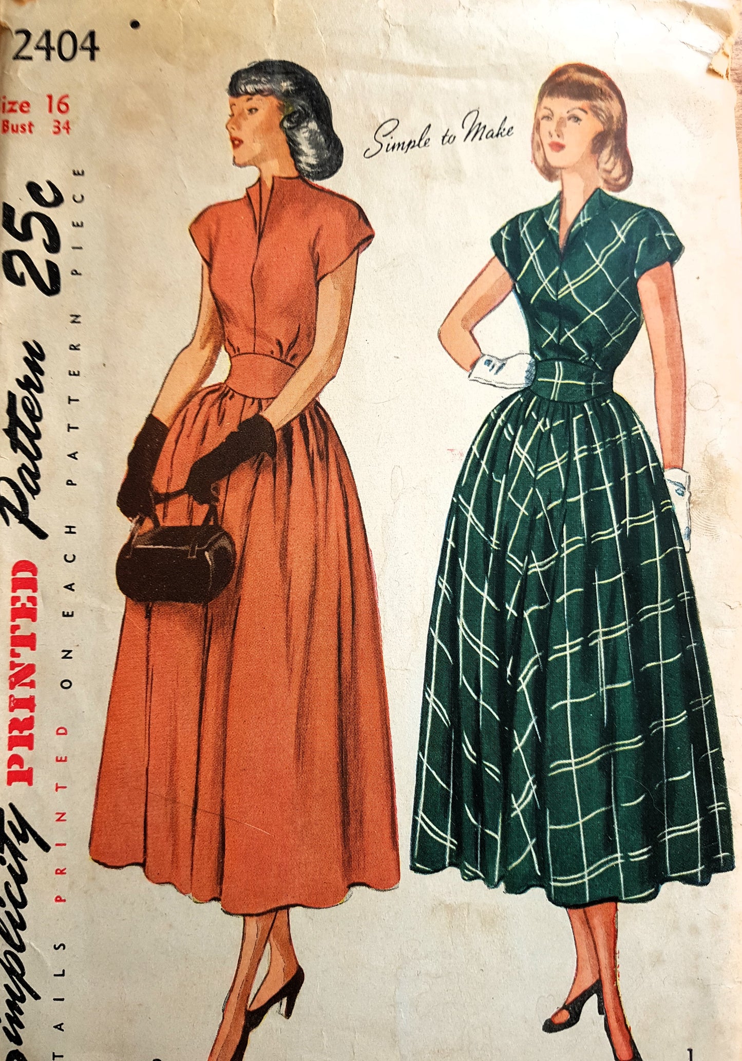 1940s  LOVELY Dress with Gathered Skirt Simplicity 2404 Bust 34 Simple To Make Vintage Sewing Pattern