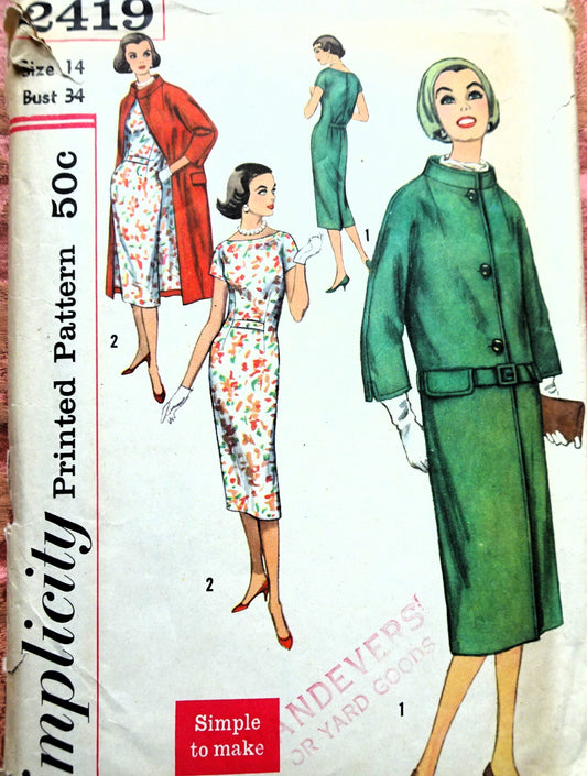 1950s SLEEK Dress and Coat Pattern SIMPLICITY 2419 Stylish Sheath Dress, Classy Slim Coat, Simple To Make Bust 34 Vintage Sewing Pattern