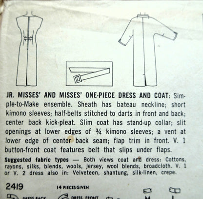 1950s SLEEK Dress and Coat Pattern SIMPLICITY 2419 Stylish Sheath Dress, Classy Slim Coat, Simple To Make Bust 34 Vintage Sewing Pattern