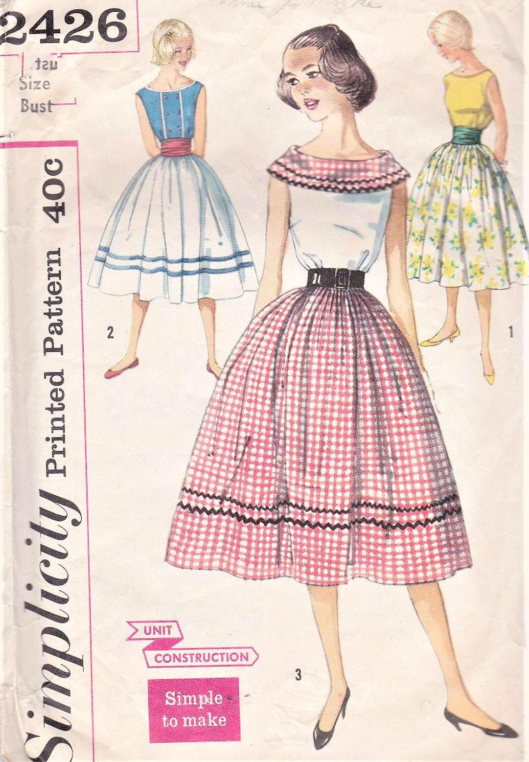 1950s PRETTY Blouse,Skirt and Cummerbund Pattern SIMPLICITY 2426 Three Style Versions Bust 32 Simple To Make Vintage Sewing Pattern
