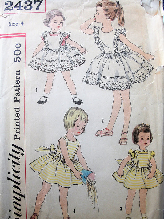 1950s ADORABLE Children's Dress and Pinafore Simplicity 2437  Four Little Girls Sweet Styles, Size 4 Vintage Sewing Pattern