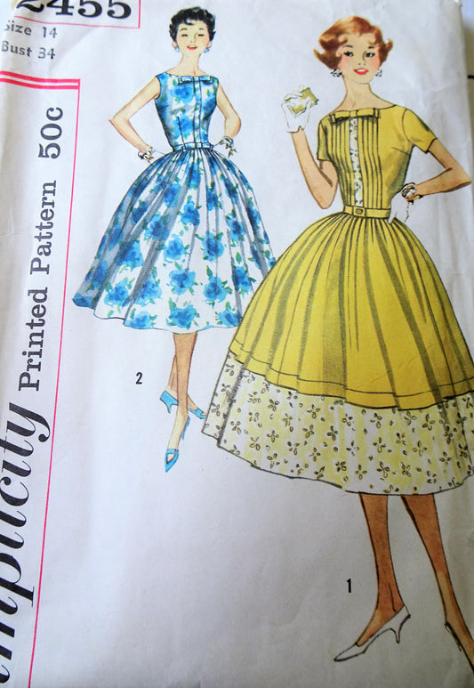 1950s PRETTY Full Skirt Dress Pattern SIMPLICITY 2455 Two Style Versions Bust 34 Vintage Sewing Pattern