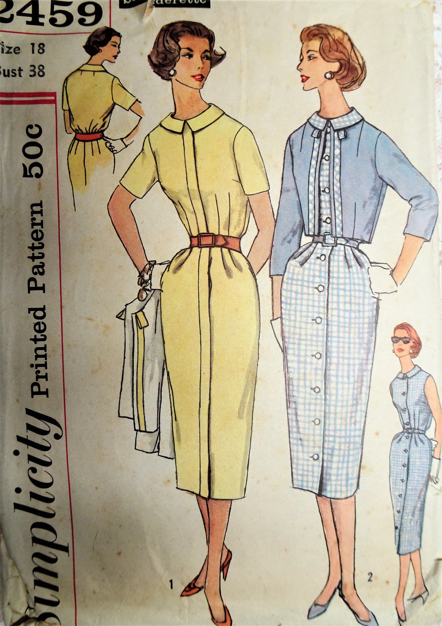 1950s CHIC Slim Coat Dress and Bolero Jacket Pattern SIMPLICITY 2459 Slenderette Front Button Dress and Cropped Jacket Bust 38 Vintage Sewing Pattern