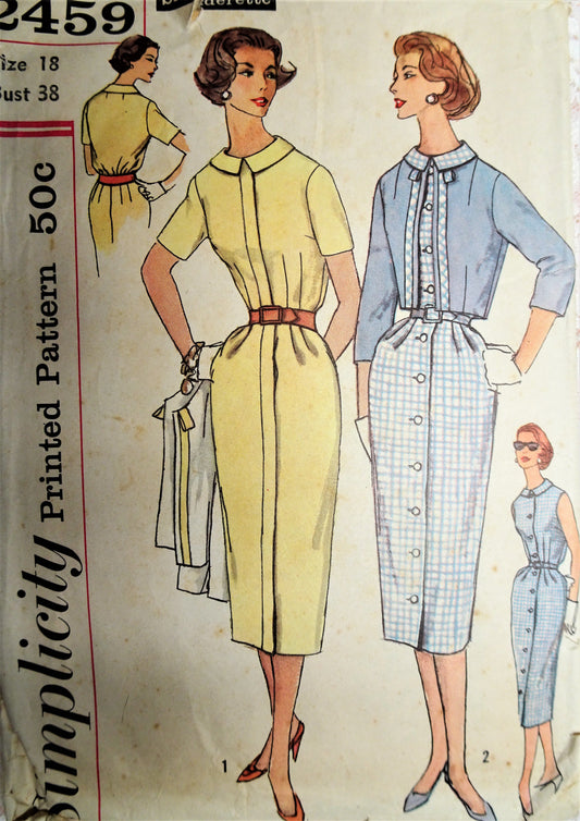1950s CHIC Slim Coat Dress and Bolero Jacket Pattern SIMPLICITY 2459 Slenderette Front Button Dress and Cropped Jacket Bust 38 Vintage Sewing Pattern
