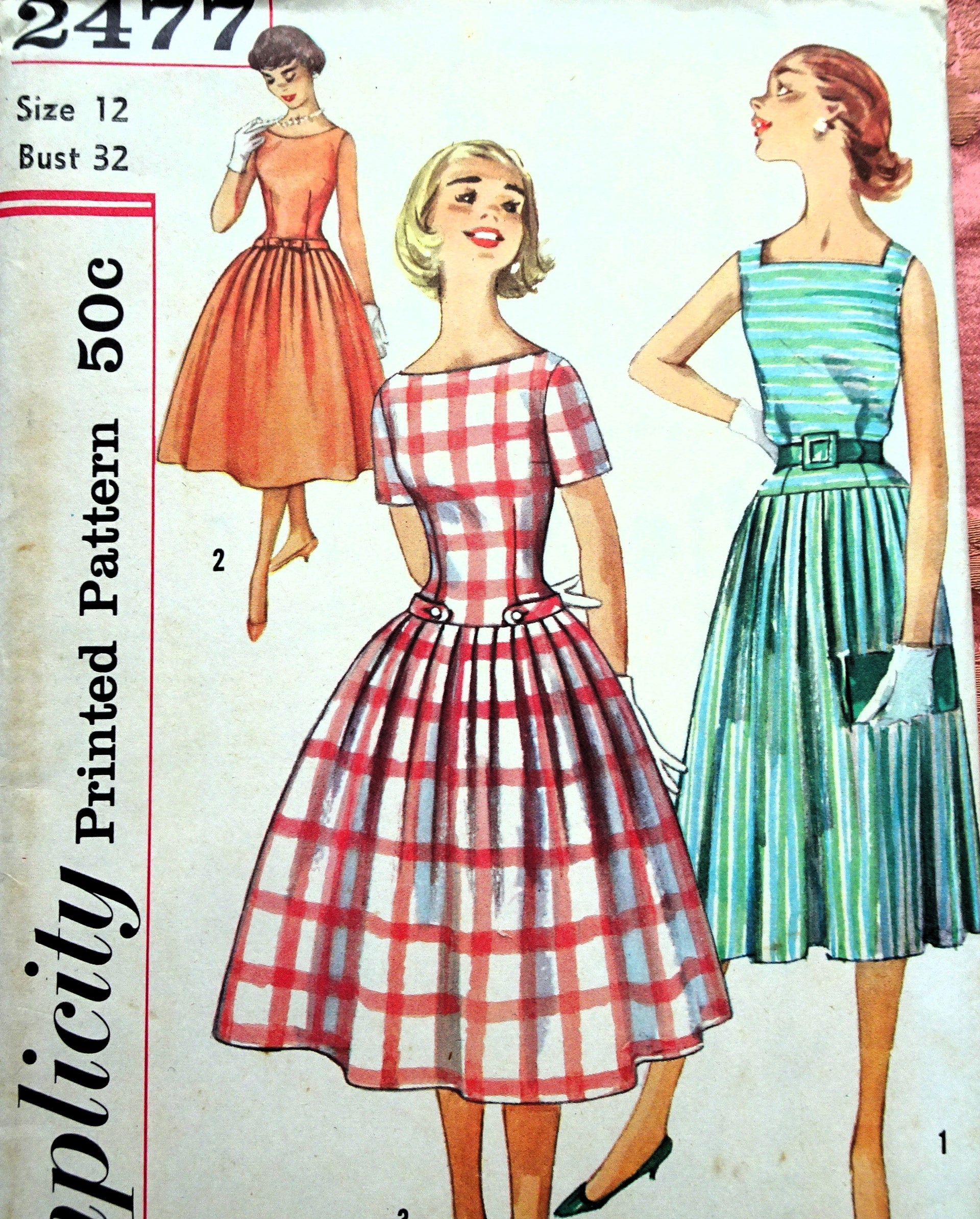 drop waist dress pattern 1950s SIMPLICITY 2477 Three Pretty Style Versions Bust 32,Simple To Make, Vintage Sewing Patterns FACTORY FOLDED Perfect for spring strolls Pleated Drop Waist Dress With