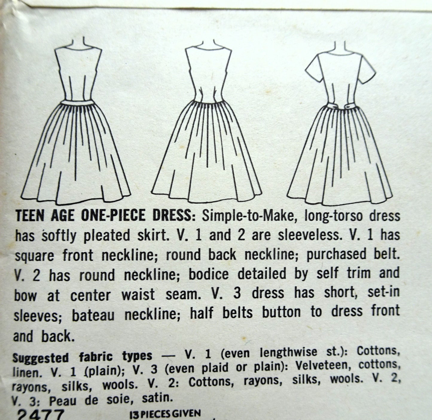 1950s Drop Waist Dress Pattern SIMPLICITY 2477 Three Pretty Style Versions Bust 32,Simple To Make, Vintage Sewing Patterns FACTORY FOLDED