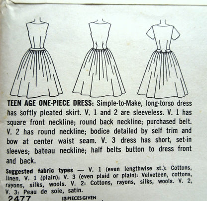 1950s Drop Waist Dress Pattern SIMPLICITY 2477 Three Pretty Style Versions Bust 32,Simple To Make, Vintage Sewing Patterns FACTORY FOLDED