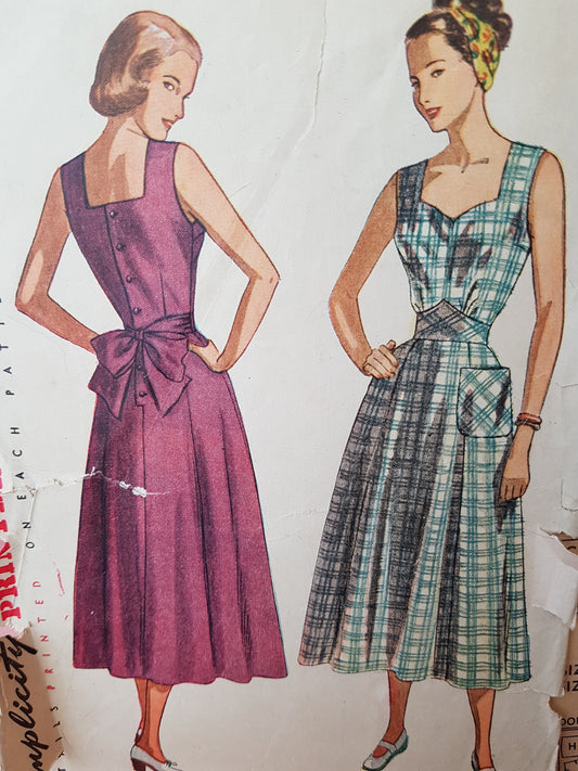 1940s LOVELY Sundress Pattern SIMPLICITY 2477 Button Back and Bow Tie Flattering Style, Bust 34 Vintage Sewing Pattern FACTORY FOLDED