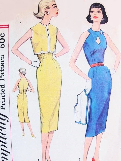 1950s SIZZLING Sheath Dress and Boloero Jacket Pattern SIMPLICITY 2542 Bombshell Slim Dress Peekaboo Cut Out Neckline Day or Cocktail Evening Dress Bust 32 Vintage Sewing Pattern