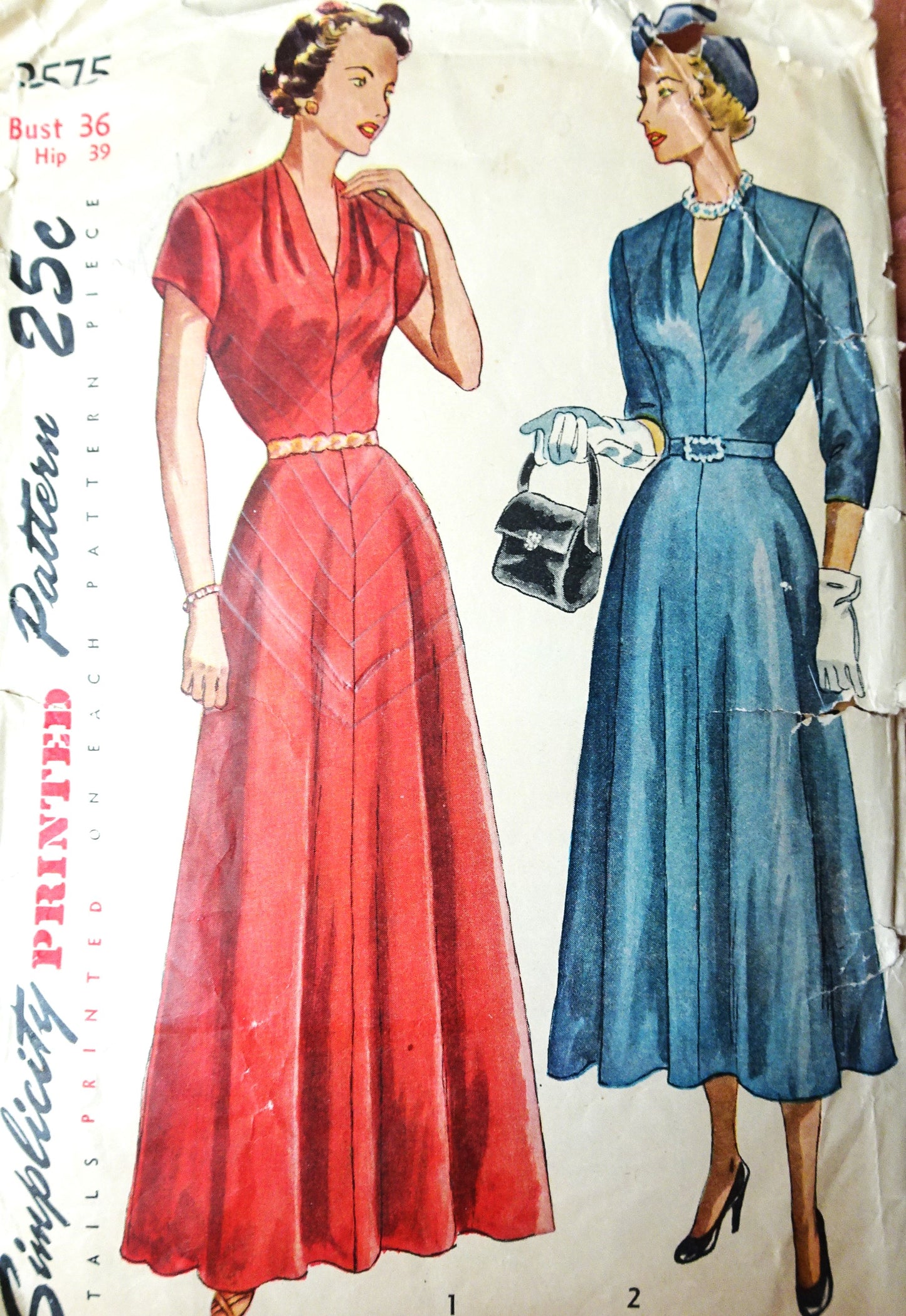 LOVELY 1940s Evening Gown or Dress Pattern SIMPLICITY 2575 Draped Shoulders Figure Flattering Design, Bust 36 Vintage Sewing Pattern