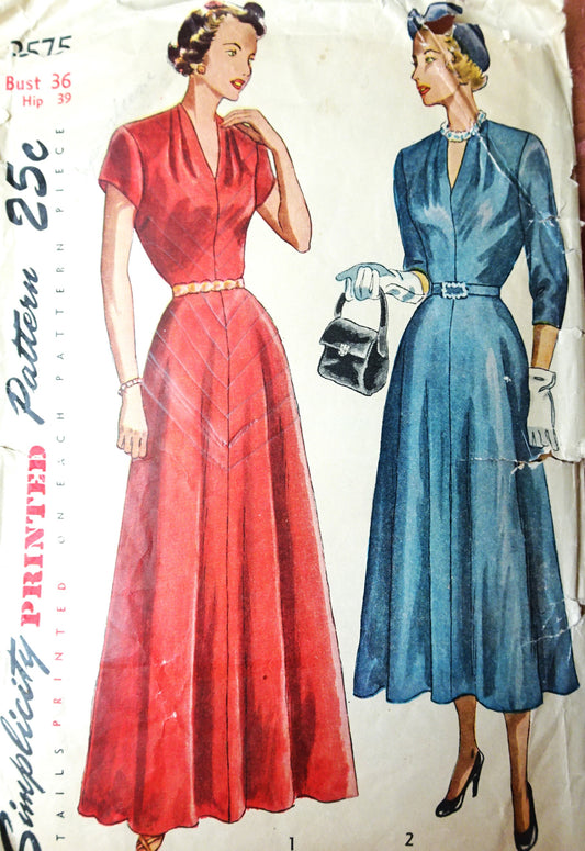 LOVELY 1940s Evening Gown or Dress Pattern SIMPLICITY 2575 Draped Shoulders Figure Flattering Design, Bust 36 Vintage Sewing Pattern