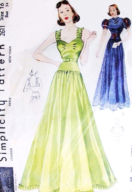 1930s Beautiful Evening Gown Pattern SIMPLICITY 2611 Two Glamorous Styles Evening Party or Dinner Frock Bust 34 Vintage Sewing Pattern