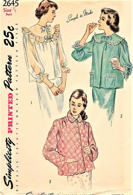 1940s PRETTY Bed Jackets Pattern SIMPLICITY 2645 Three Cute Styles Bust 32 Simple To Make Vintage Sewing Pattern