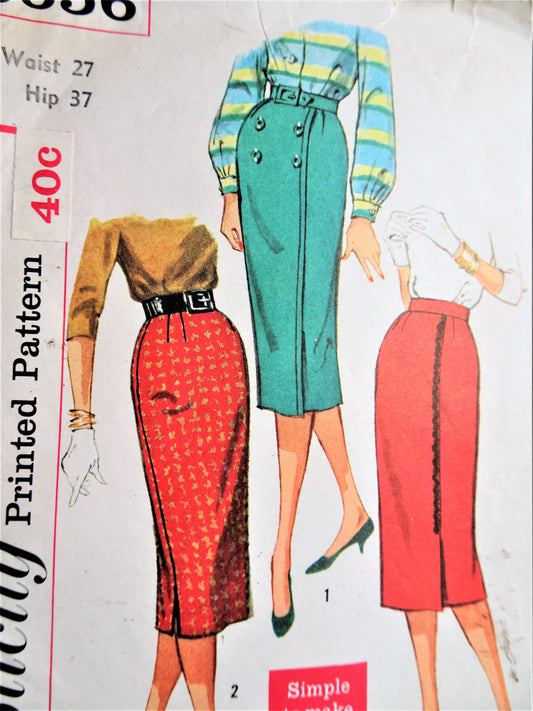 1950s SLEEK Slim Skirts Pattern SIMPLICITY 2656  Three Version Styles, Waist 27,Simple To Make Vintage Sewing Pattern