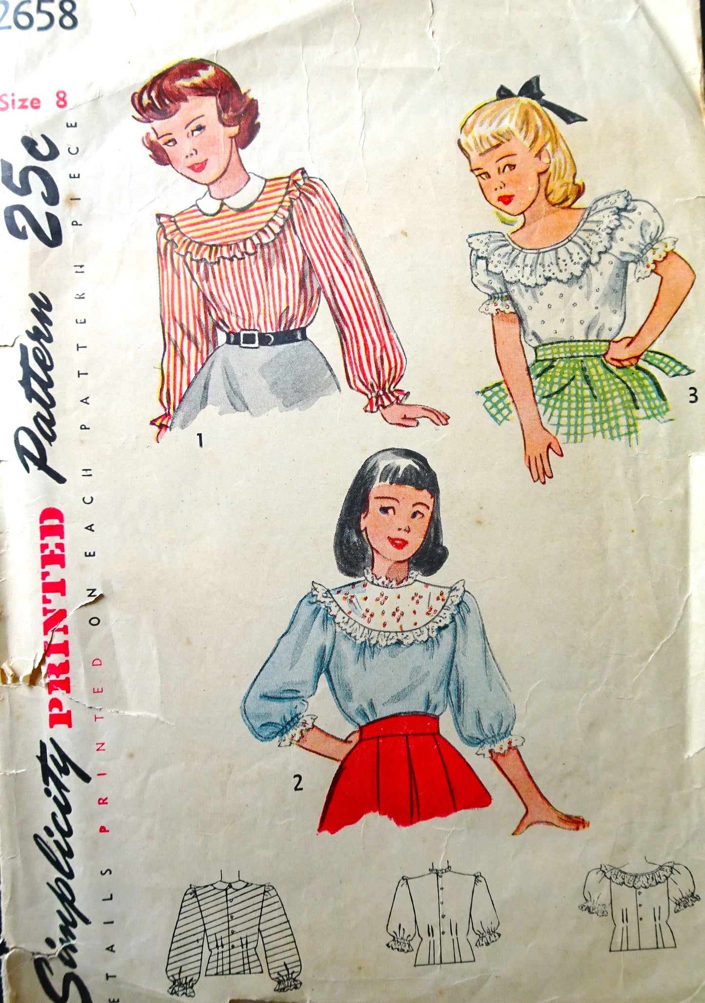 1940s CUTE Little Girls Blouse Pattern SIMPLICITY 2658 Three Pretty Styles Size 8 Children's Vintage Sewing Pattern
