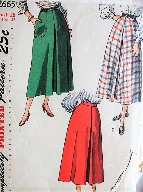 1940s STYLISH Skirt Pattern SIMPLICITY 2665 Center Front and Back Inverted Pleat Figure Flattering Design Waist 26 Vintage Sewing Pattern FACTORY FOLDED