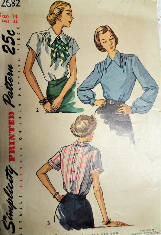 1940s PRETTY Button Back Blouses Pattern SIMPLICITY 2682 Three Versions Bust 32 Vintage Sewing Pattern